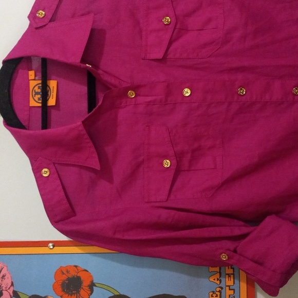 Tory Burch Brigitte Pink Purple Long Sleeve Roll Tab Button Up Blouse - Picture 11 of 14